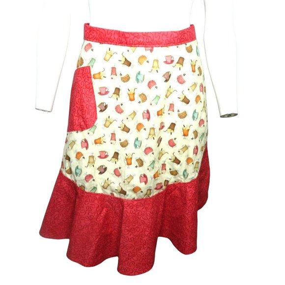 Retro Cooking Half Apron One Size Fountain Drinks Red Ruffle Pocket Tie Waist - Picture 4 of 11